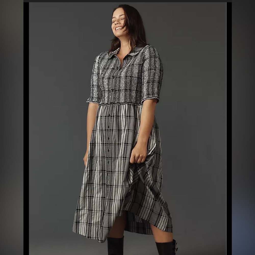 Maeve Black and White Plaid Button-Front Midi Dress